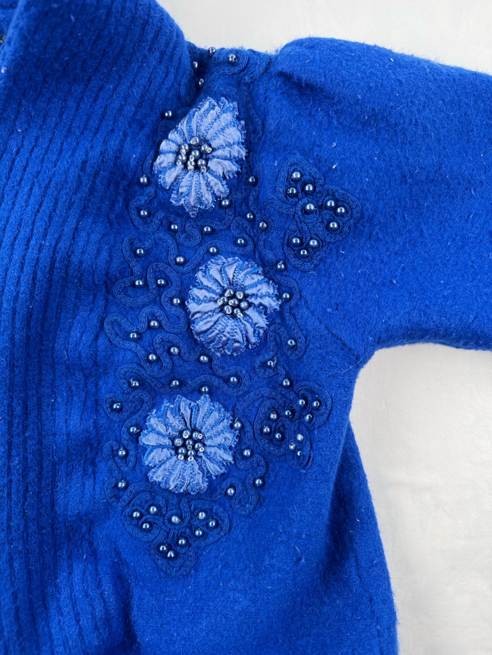 Vintage D.B. Moreno Blue Angora Wool 70% Beaded Cardigan Jacket Korea Size S - Picture 5 of 9